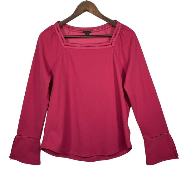 Ann‎ Taylor Top Women Size M Pink Square Neck Detail Bell Long Sleeve Curved Hem - Picture 1 of 12